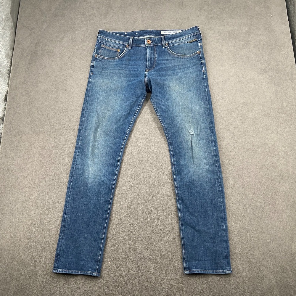 & Denim Jeans Mens 34/32 Blue Whiskered 360° Tech Stretch Slim Low Waist Grunge